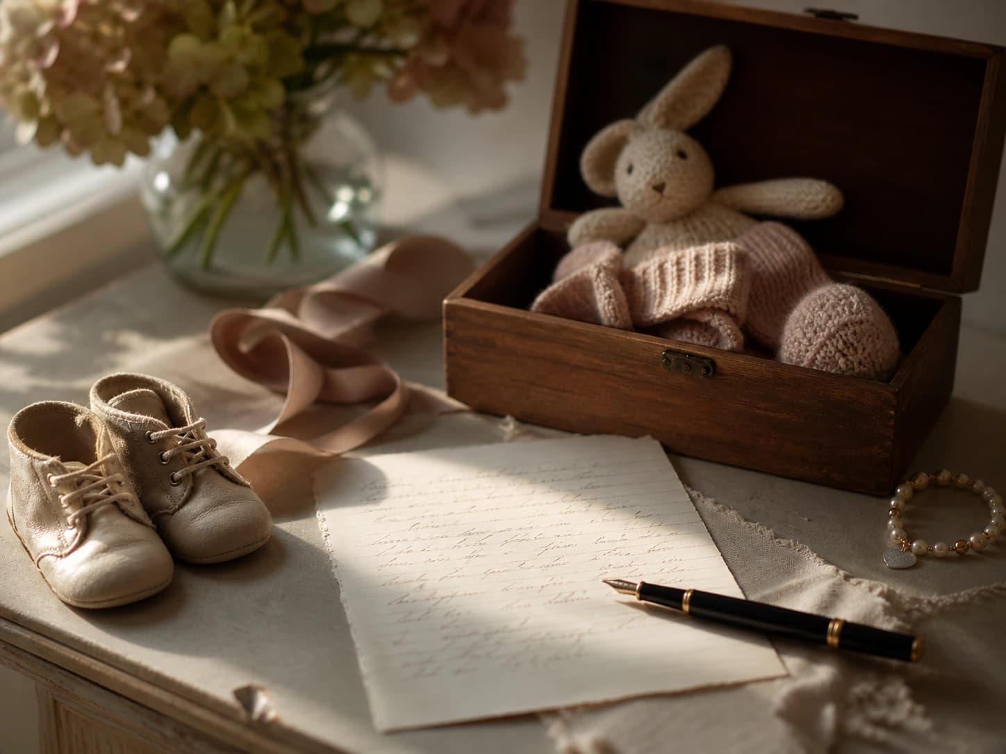 A sentimental family keepsake scene with a letter, soft light, and nostalgic objects