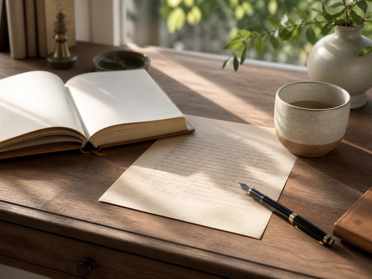 A softly lit writing desk with a journal, handwritten note, and warm morning light