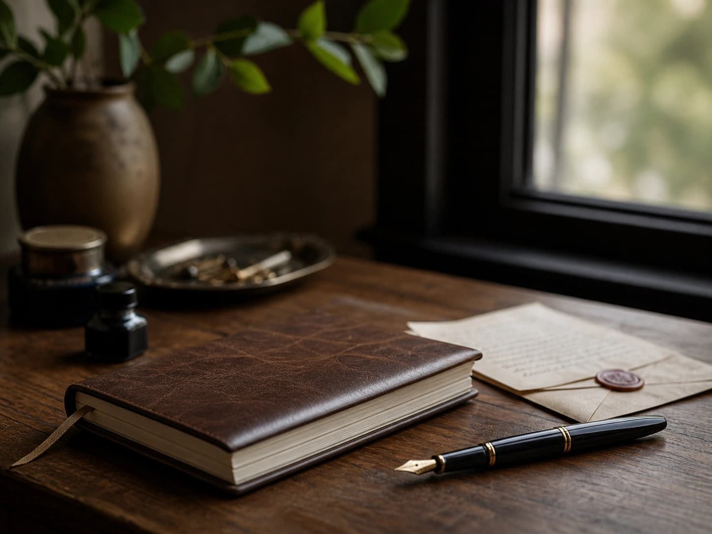 A reflective writing desk with notebook, pen, and calm natural light