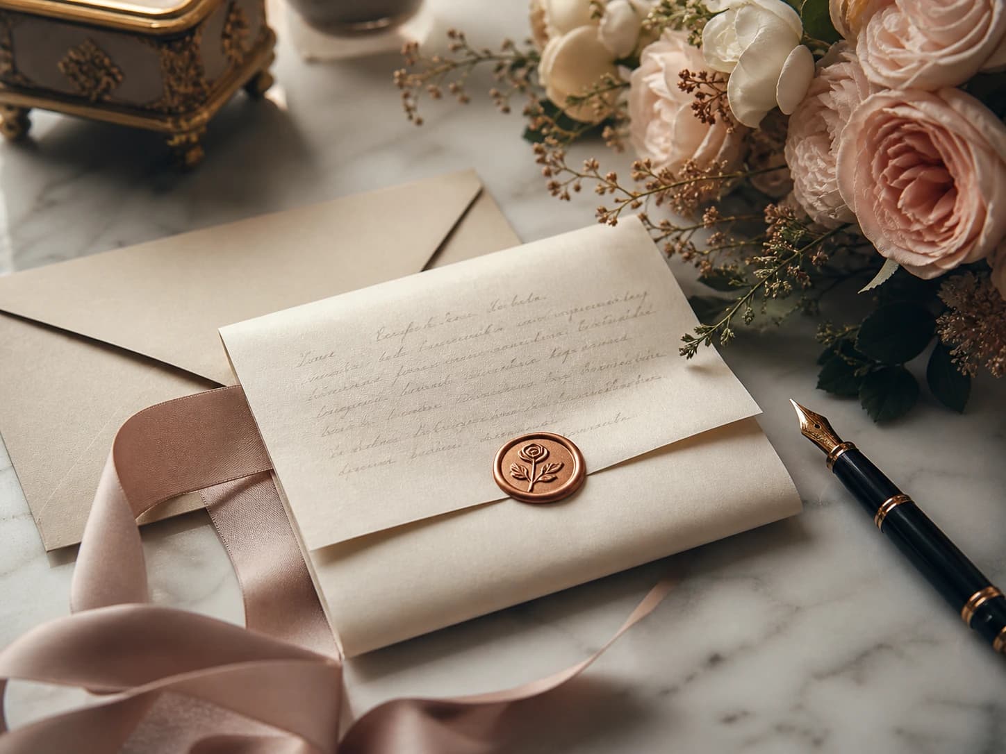 A romantic letter scene with elegant stationery, flowers, and a soft editorial mood