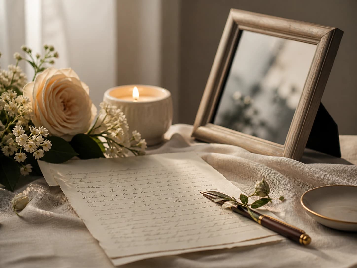 A respectful remembrance scene with a handwritten letter, framed photo, and soft flowers